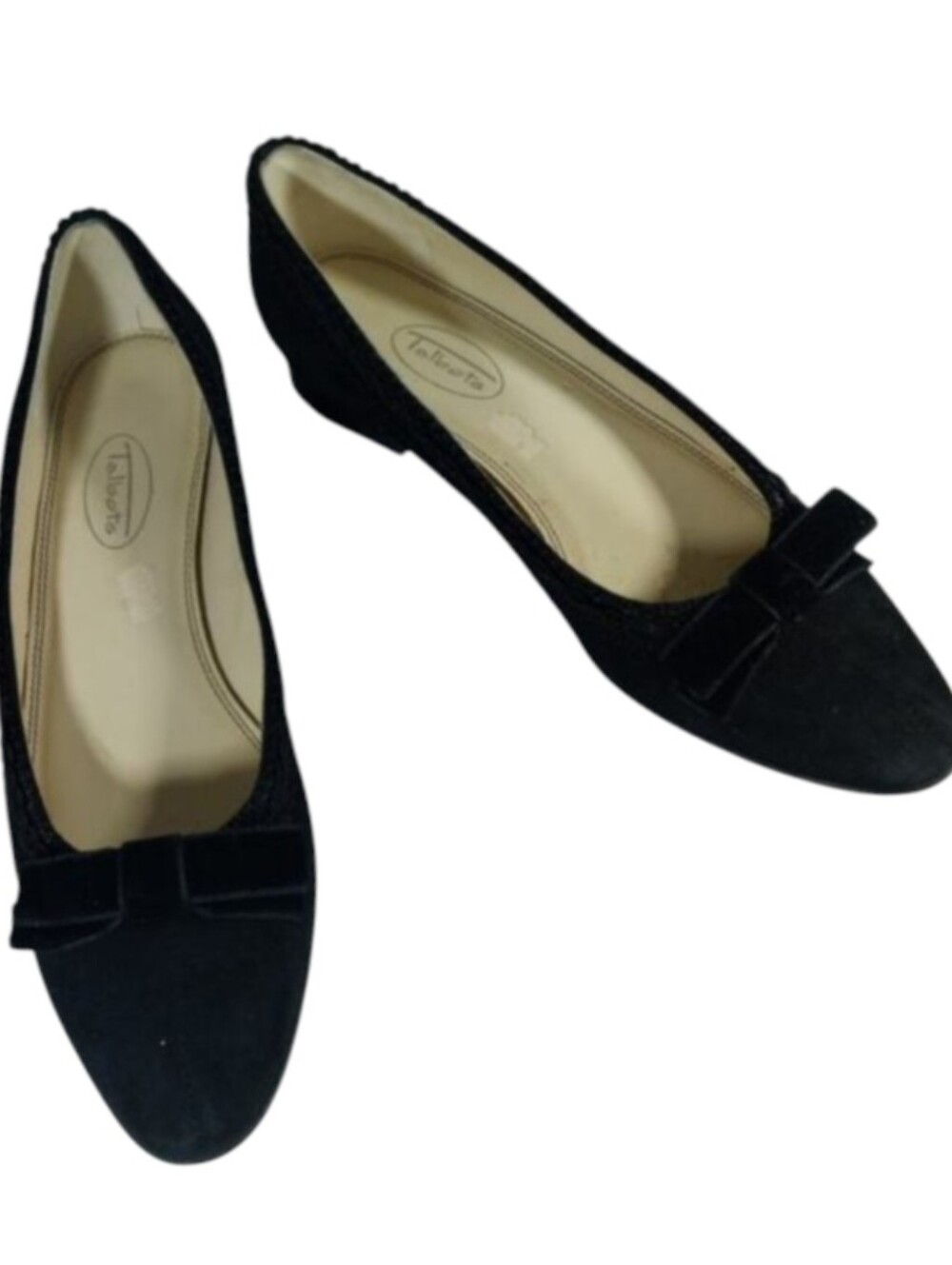 TALBOTS! BLACK GENUINE SUEDE LEATHER, VELVET BOW, RIBBON EDGED FLATS! SZ 8N